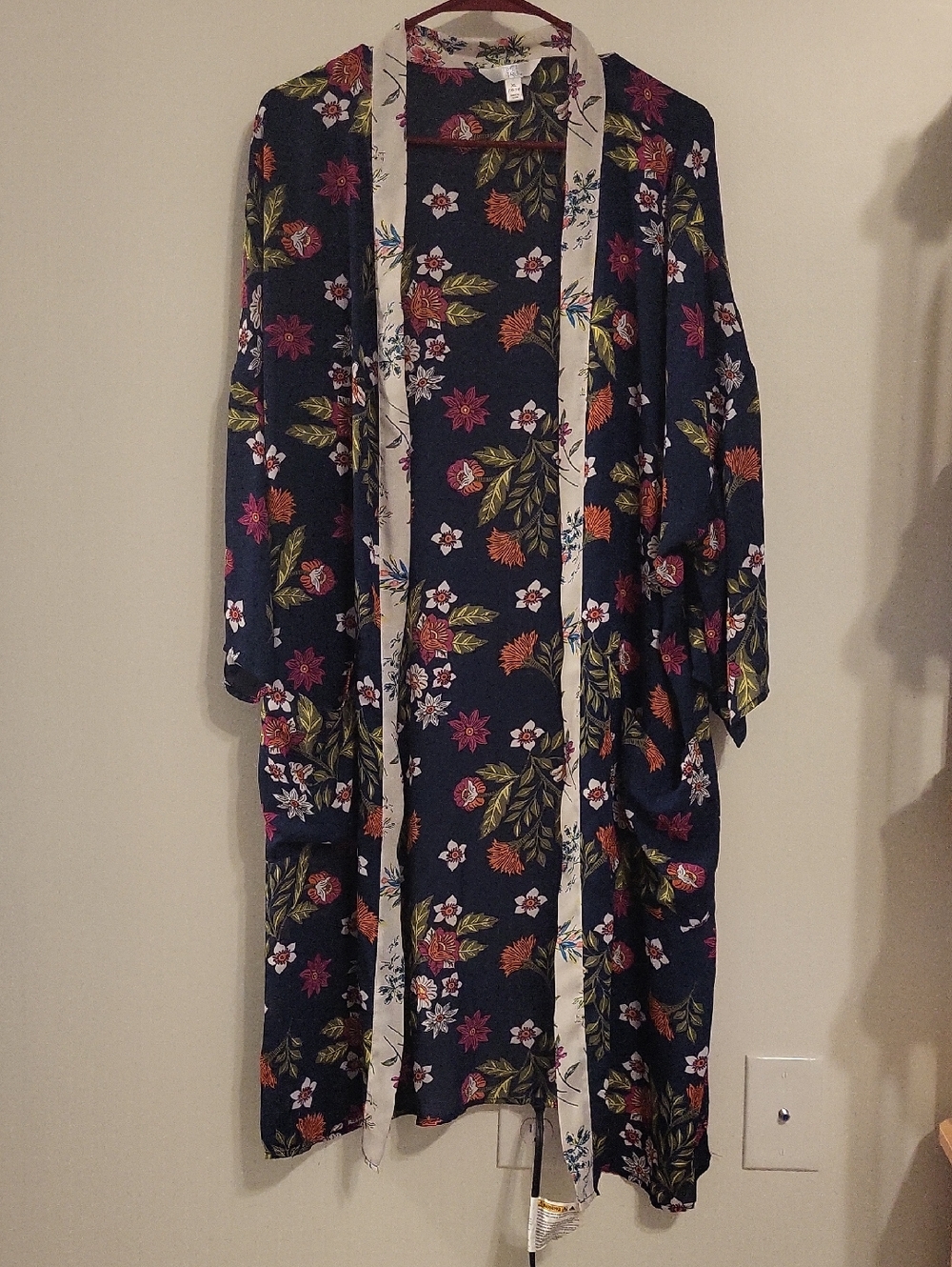 Time & True 16 18 Navy Floral Open Kimono with Cream Trim